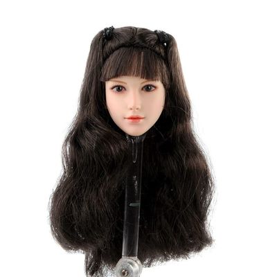 1/6 Scale Female Head Sculpt, Pale Skin Planted Hair Girl Head Carved for 12inch Action Figure Body Doll (Black Hair)