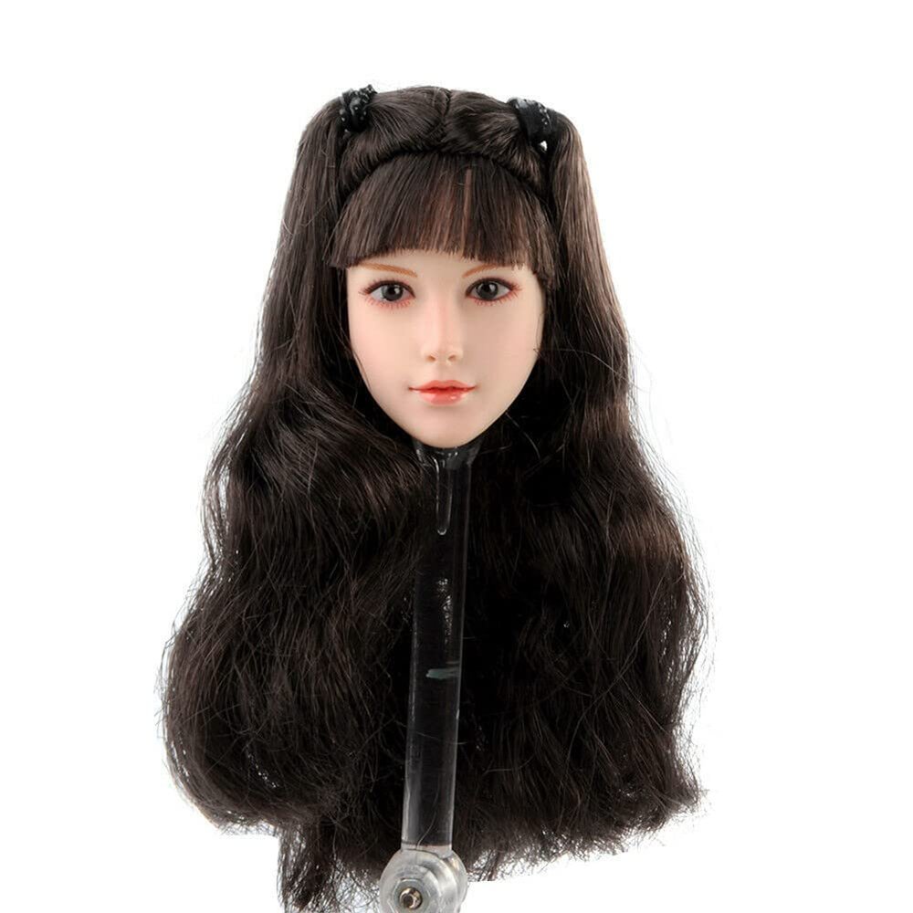 1/6 Scale Female Head Sculpt, Pale Skin Planted Hair Girl Head Carved for 12inch Action Figure Body Doll (Black Hair)