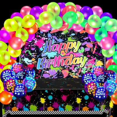 Tegeme 126 Pcs Neon Glow in The Dark Party Decorations Supplies UV Neon Balloon Arch Kit, Photo Backdrops, Party Table Covers, Transparent Fluorescent Glow Balloons for Adult Disco Birthday Supplies