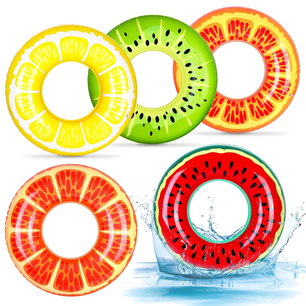 Elcoho 5 Pieces Inflatable Pool Floats 29.5 Inches Swim Tubes Rings Fruits Swimming Rings Big Beach Swimming Water Favors for Summer Outdoor Party Decorations
