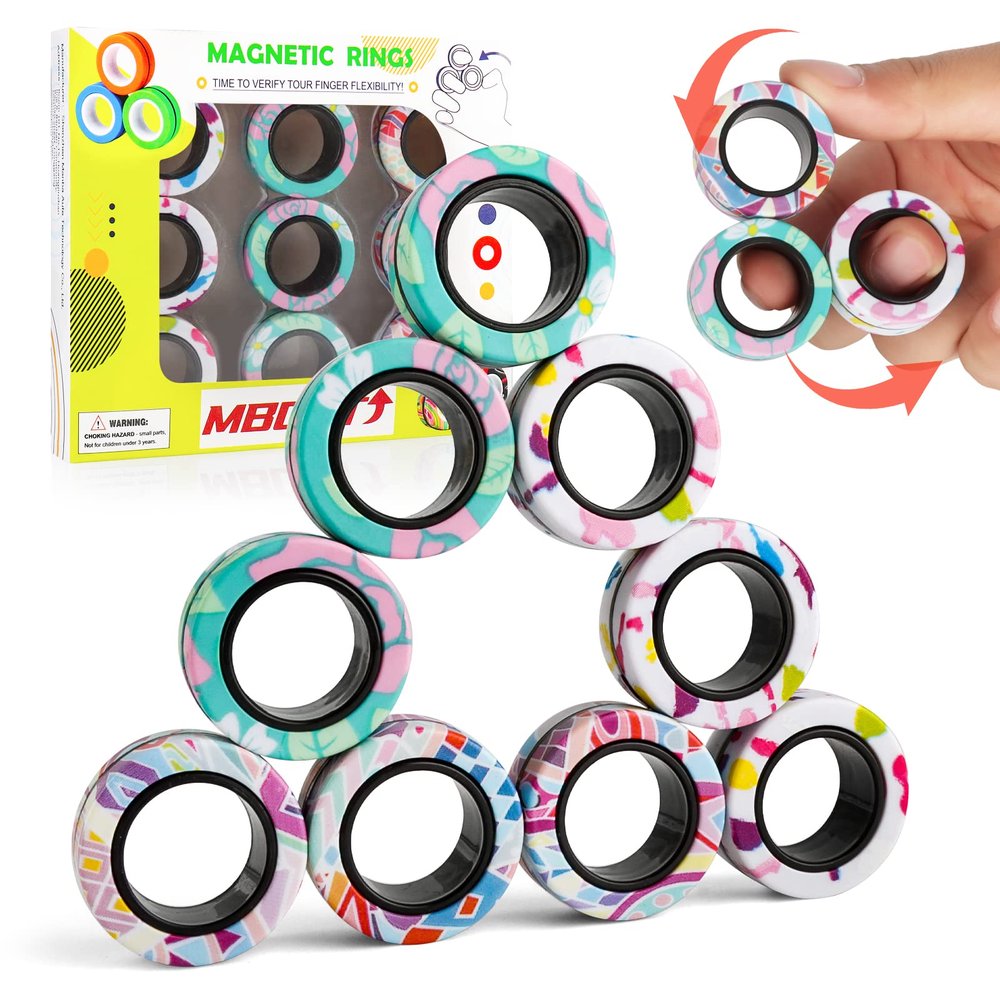 MBOUTrising 9Pcs Finger Magnet Rings Fidget Toys, Magnetic for ADHD Stress Relief, Colorful Magical Fingears Ring Training Autism Anxiety, Idea Gift Adults Teens Kids, Multi-Graffiti (MB018-9pcs)