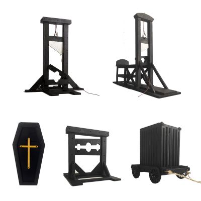 5pcs 1:18 Handmade Ancient Wooden Model Medieval Mini French Guillotine Pillory Prison cage Coffinfor Creative Props Decoration Scene Halloween Decorations
