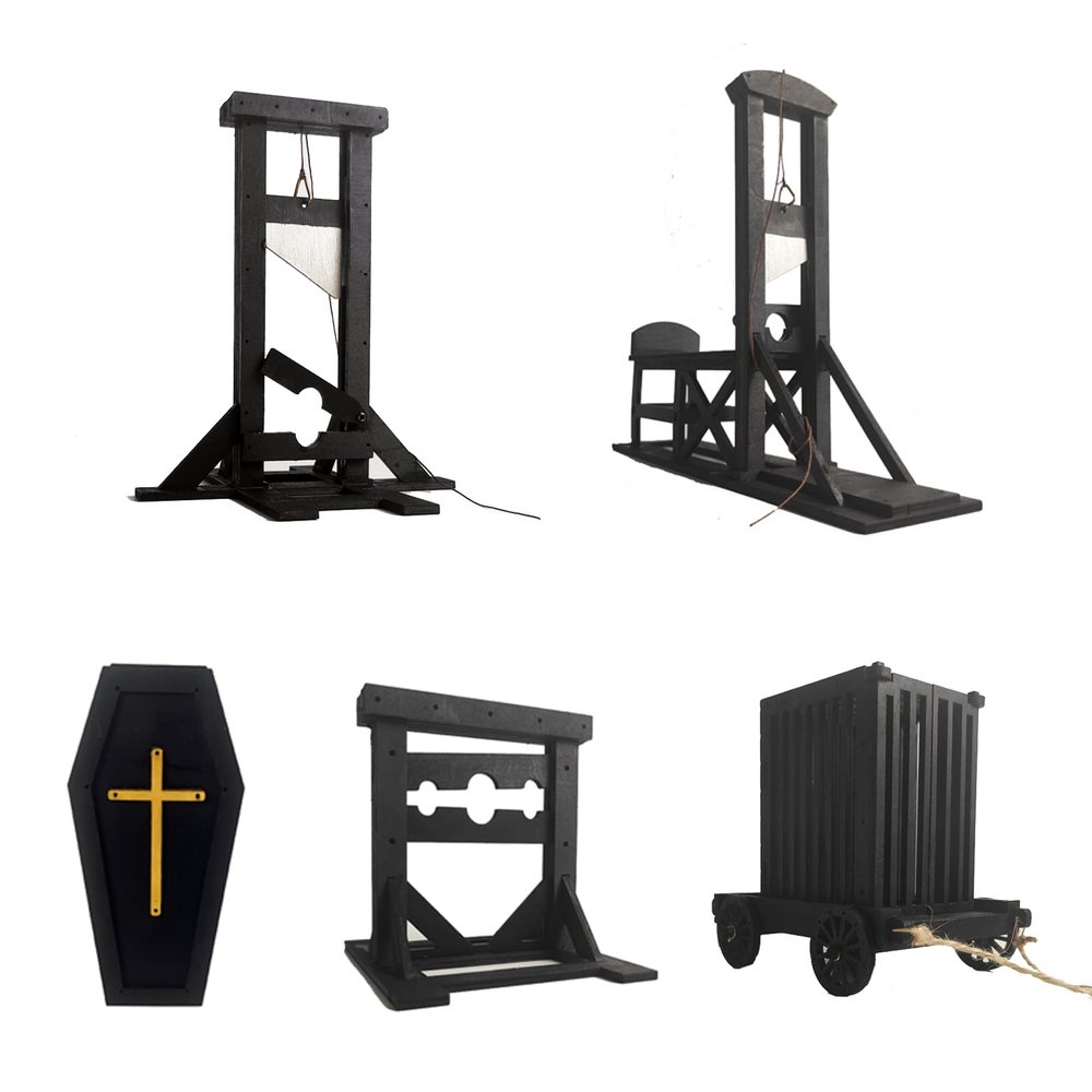 5pcs 1:18 Handmade Ancient Wooden Model Medieval Mini French Guillotine Pillory Prison cage Coffinfor Creative Props Decoration Scene Halloween Decorations