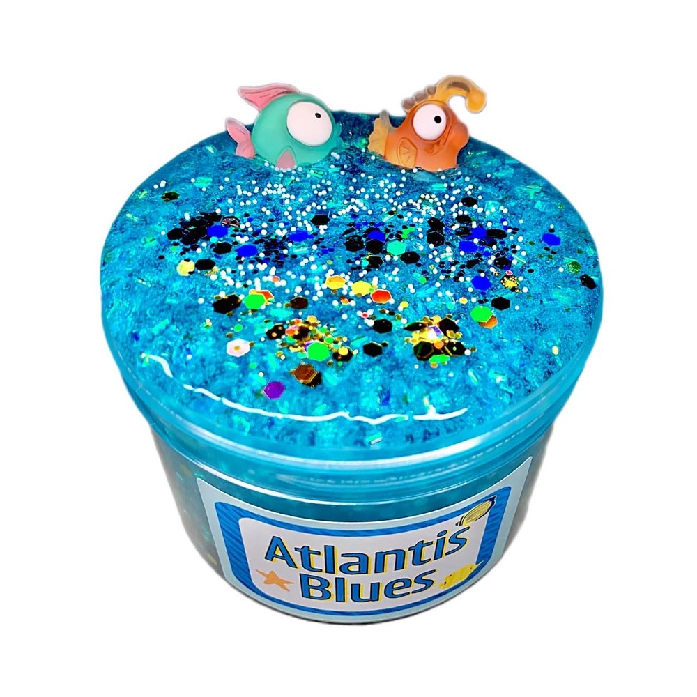 ATLANTIS BLUES, Our fabulous clear slime, stunning variety of glitters, the scent of sunscreen and ocean breeze will capture you along with the pops and clicks galore. Enjoy.