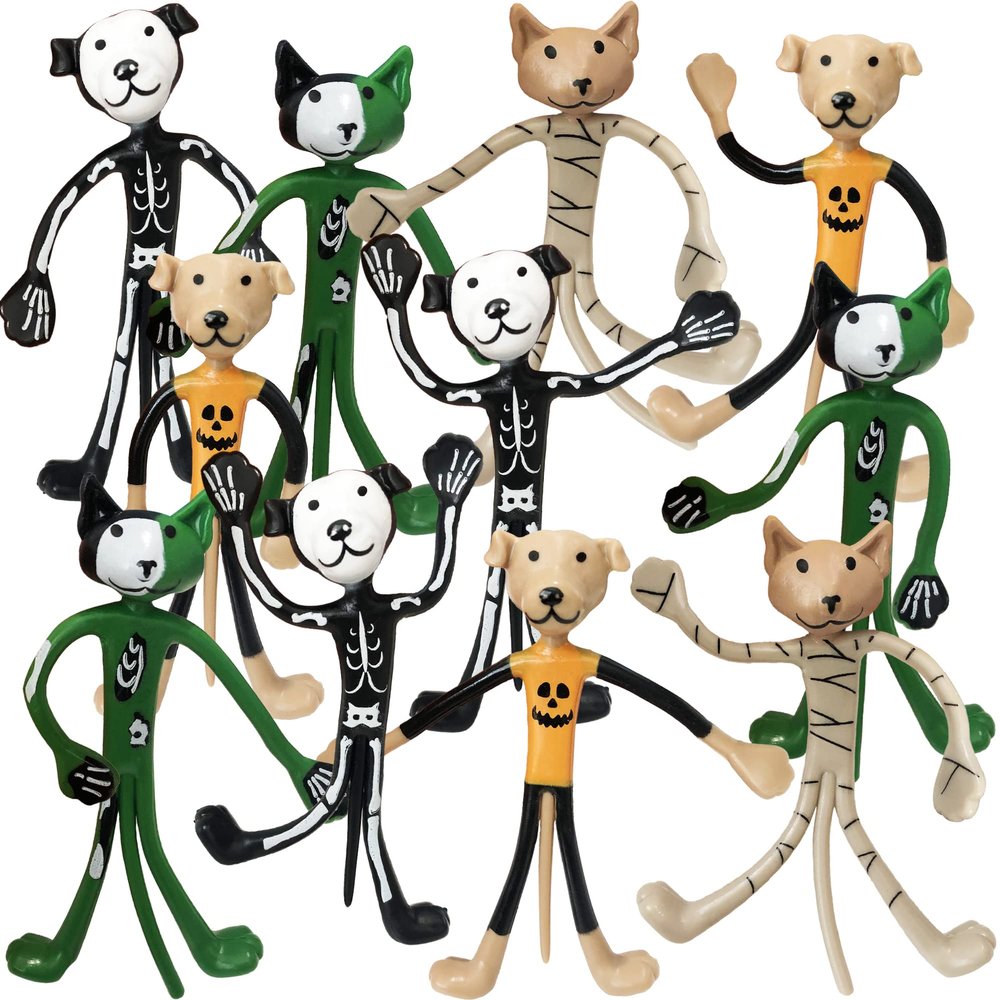 ArtCreativity Halloween Bendable Figures - Set of 12 Flexible Dog and Cat Toys in 4 Spooky Designs, Fun Halloween Toys for Kids, Non-Candy Trick or Treat Supplies, and Party Favors