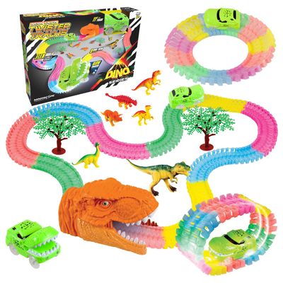 Mindscope NEON Glow Twister Tracks Dino Series 11 Feet of Neon Glow in The Dark Track Set with Dinosaur Accessories