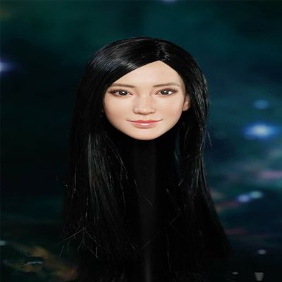 1/6 Scale Female Head Sculpt, Asian Girl Smile Expression Black Straight Hair Head Carved for 12inch Action Figure Body Doll