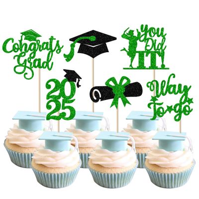 24 Pack 2025 Graduation Cupcake Toppers Glitter Class of 2025 Grad Cap Law School Survivor Cupcake Picks for 2025 Lawyer Graduation Party Cake Decorations Supplies Green
