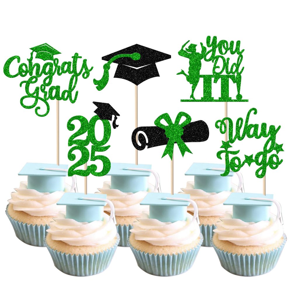 24 Pack 2025 Graduation Cupcake Toppers Glitter Class of 2025 Grad Cap Law School Survivor Cupcake Picks for 2025 Lawyer Graduation Party Cake Decorations Supplies Green