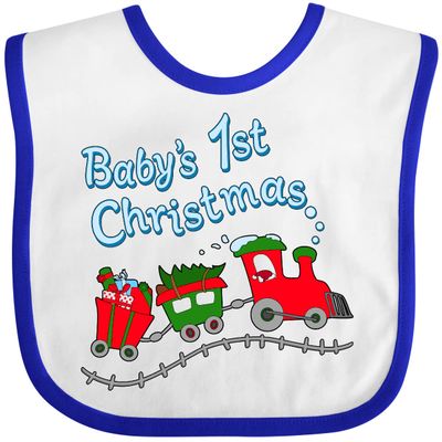 inktastic Baby's 1st Christmas Train with Presents and Tree Baby Bib White and Royal 38fc5