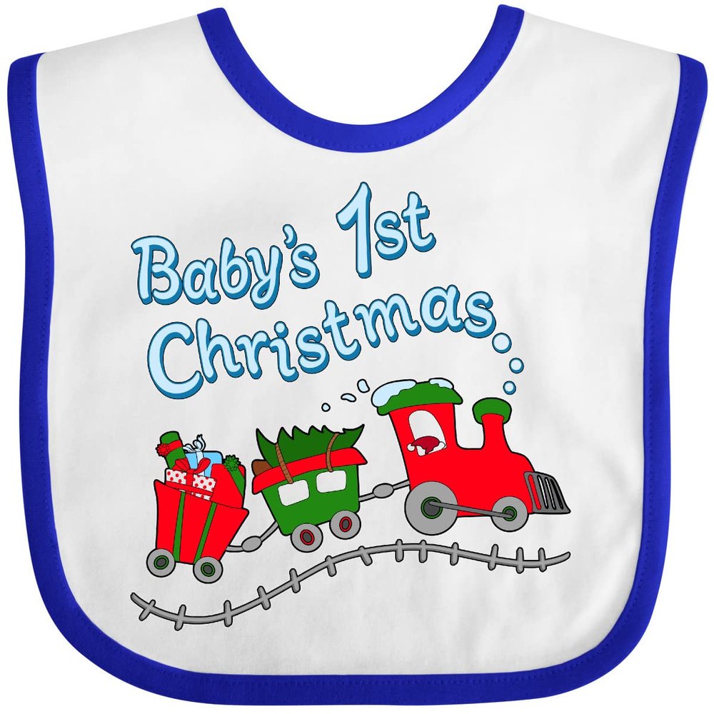 inktastic Baby's 1st Christmas Train with Presents and Tree Baby Bib White and Royal 38fc5