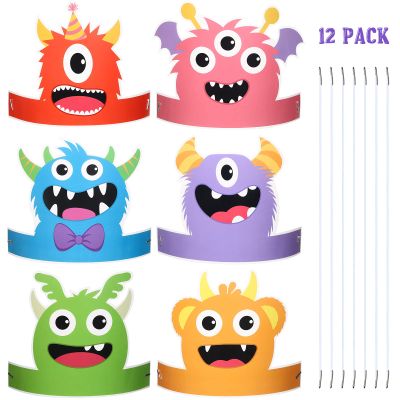 Aoriher 12 Pcs Monster Paper Hats Party Headbands Monster Themed Birthday Party Supplies Baby Shower Favors Dress Costume for Boys Girls Kids Supplies Cosplay Props, 6 Styles