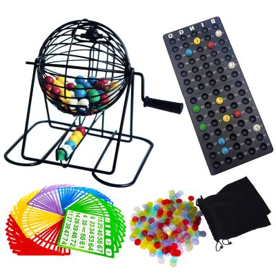 Yuanhe Deluxe Bingo Game Set - Metal Round Cage, 75 Colored Balls, 50 Bingo Cards, 300 Mixed Chips and Master Board for Large Groups, Parties