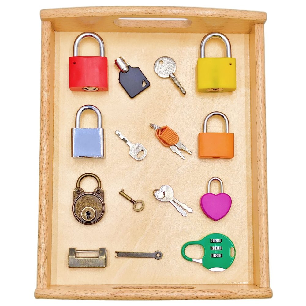 MIKNEKE Montessori Lock and Key Set for Toddlers, Homeschool Preschool Learning Activities, Wooden Montessori Materials Learning & Education Toys for 3+ Year Old Kids
