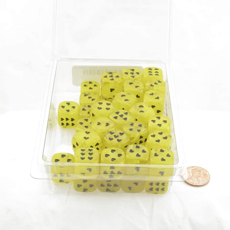 Yellow Cirrus Dice with Black Hearts D6 16mm (5/8in) Pack of 50 Wondertrail