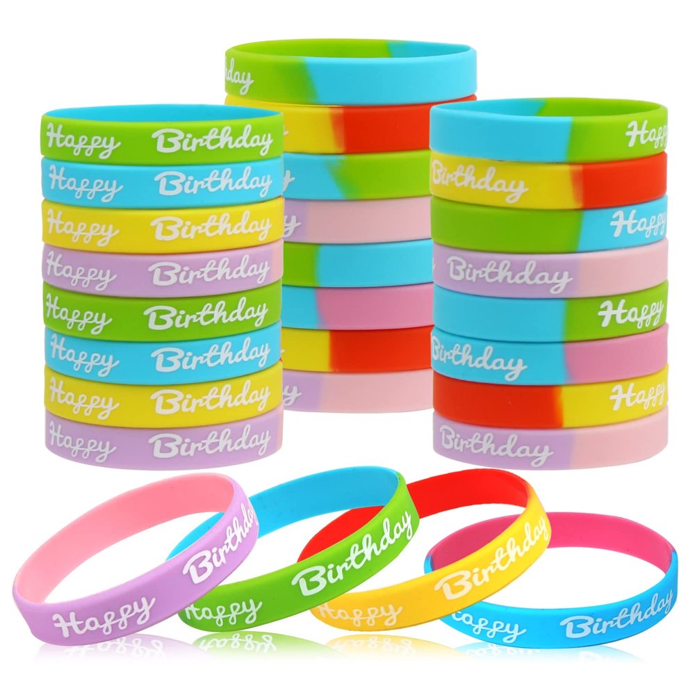 CCINEE 24 PCS Happy Birthday Silicone Bracelets, Colored Silica Rubber Stretch Wristbands for Kids Teenagers Birthday Party Supplies,4 Styles