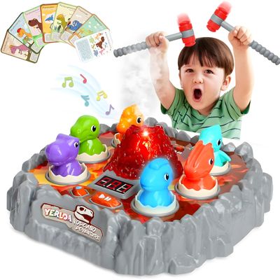 Yerloa Whack Game Mole Dinosaur Toys for Kids 2 3 4 Year Old Boy Birthday Gift, Sensory Toddler Boy Toys for Ages 2-4 2-3 4-6 3-5 Dino Volcano Learning Easter Gifts with 2 Hammers, Music Spray Light