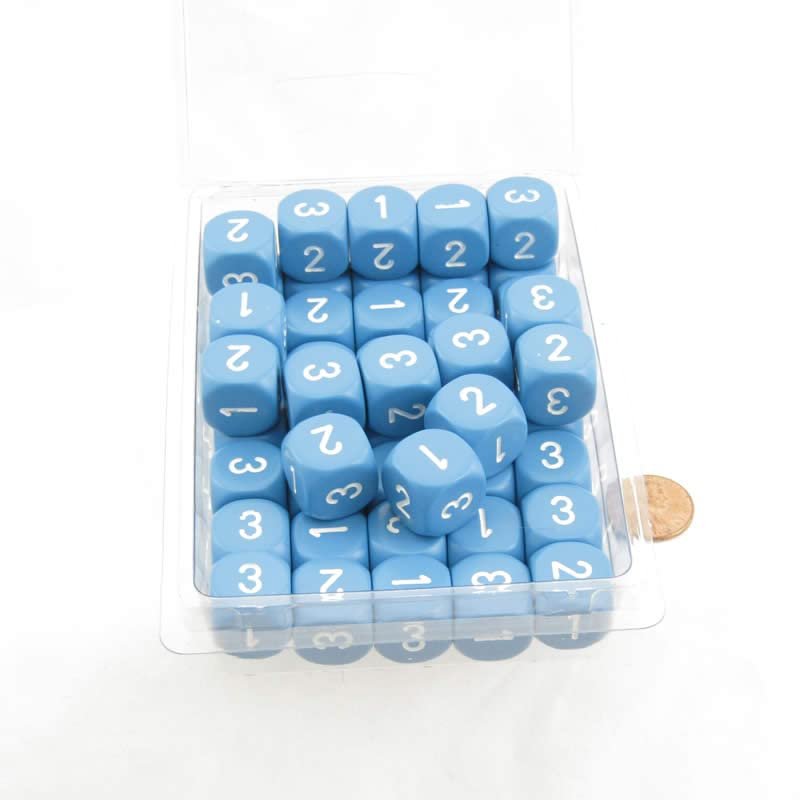 Light Blue Opaque Dice with White Numbers D3 (D6 1-3 Twice) 16mm (5/8in) Pack of 100 Wondertrail