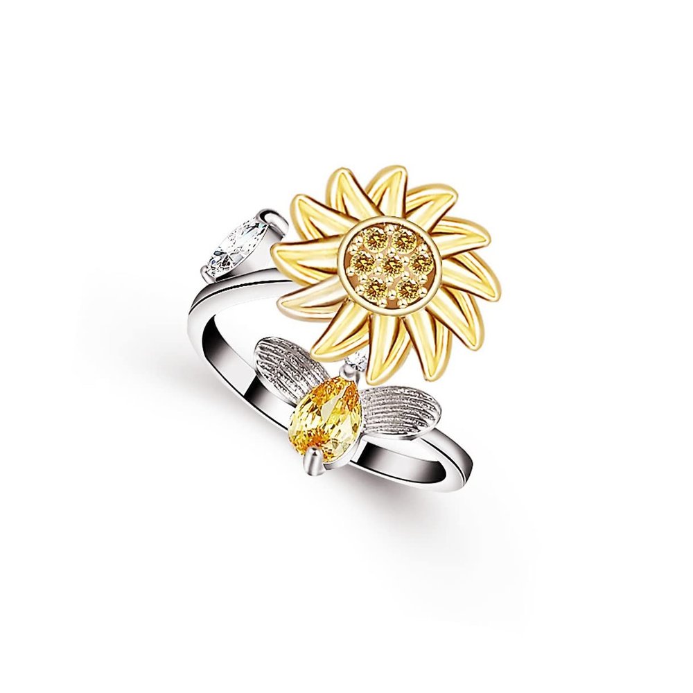 Pingyongchang Anxiety Ring for Women Spinner Fidget Rings for Anxiety Stress Relief for Teens with Cute Sunflower Bee Bead Adjustable CZ Flower Stackable Rings-A