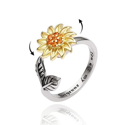 Anxiety Ring for Women Spinner Fidget Rings for Anxiety Stress Relief for Women with Cute Sunflower Bee Bead Adjustable CZ Flower Stackable Rings-B