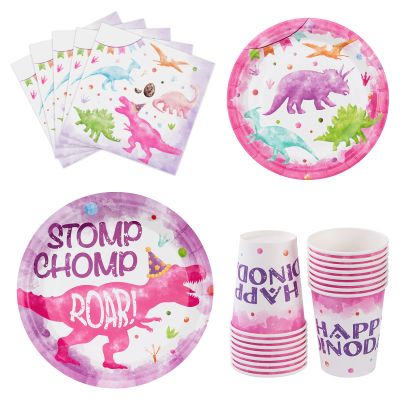WERNNSAI Pink Dinosaur Birthday Decorations - 64 PCS Dinosaur Plates Napkins Cups Girl Dino Party Decorations Dino Paper Plates for Kids Girls Birthday Baby Shower Serves 16 Guests