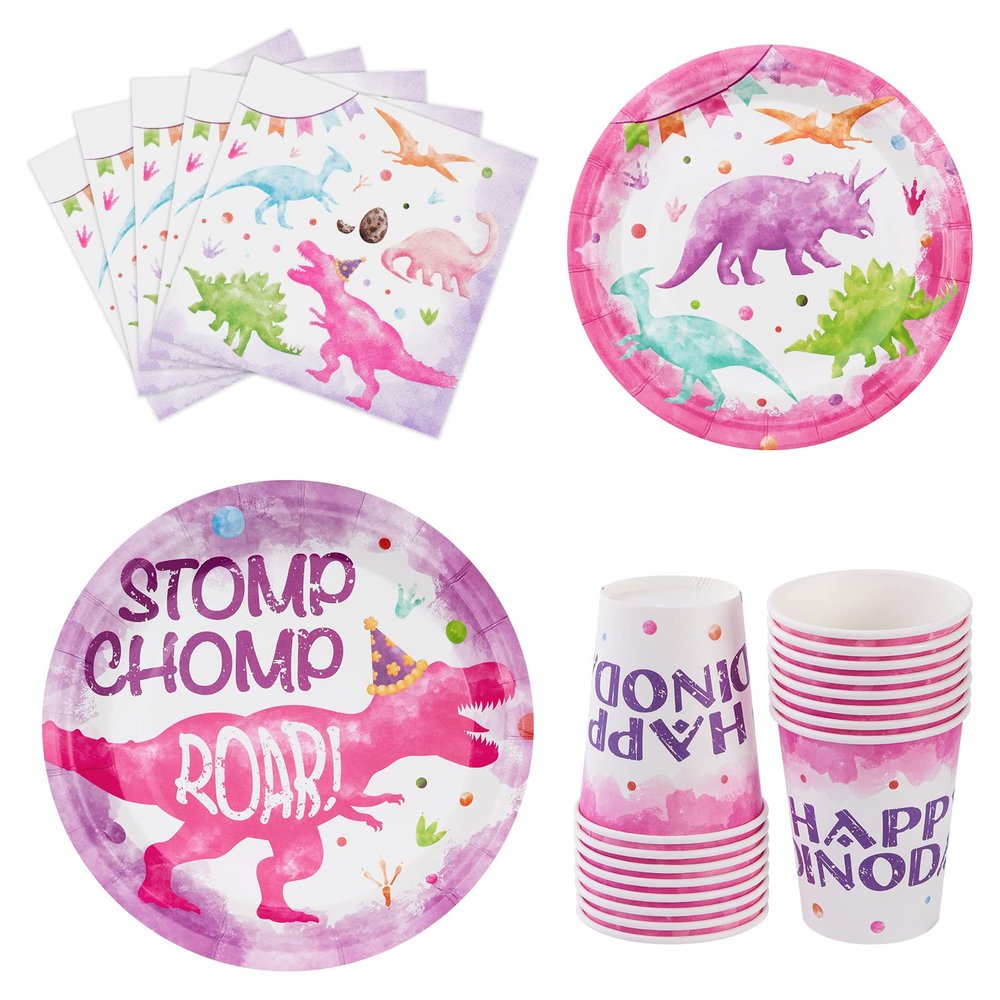 WERNNSAI Pink Dinosaur Birthday Decorations - 64 PCS Dinosaur Plates Napkins Cups Girl Dino Party Decorations Dino Paper Plates for Kids Girls Birthday Baby Shower Serves 16 Guests