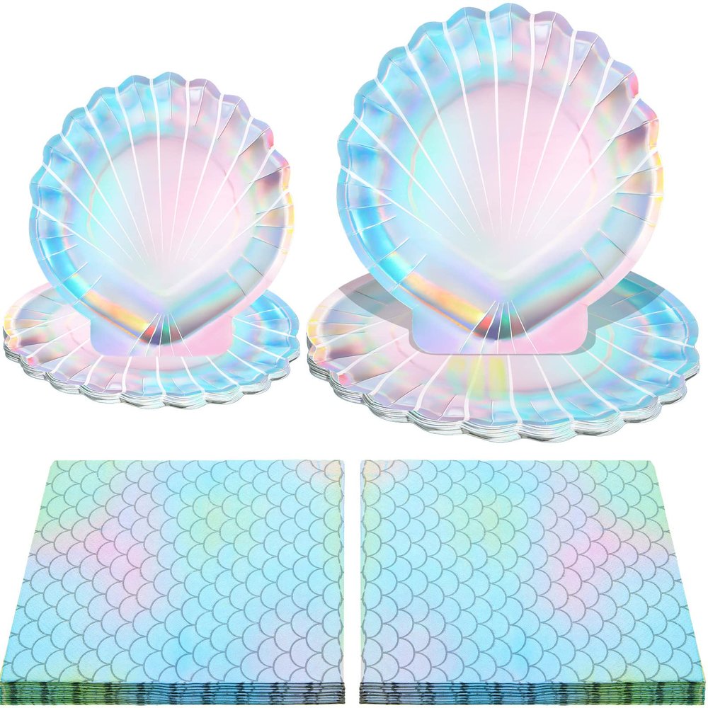Cunhill 96 Pcs Mermaid Plates and Napkins for 24 Guests, 7 Inch 9 Inch Seashell Plates Iridescent Mermaid Party Supplies for Birthday Ocean Under The Sea Baby Shower Decoration(Elegant Style)