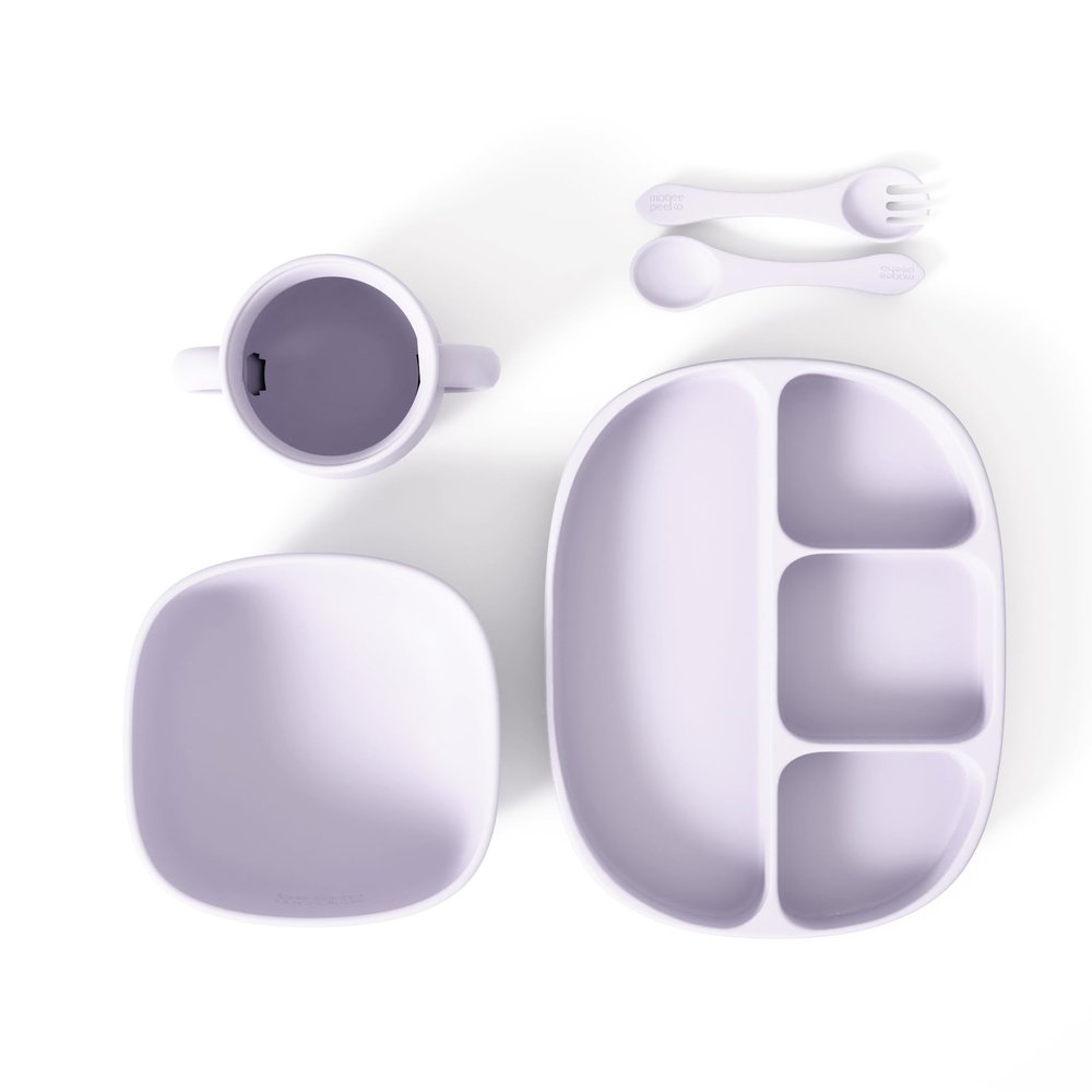 Baby Dinnerware Set by Muqee Peeko in a Sweet Lilac Color including Sets with Suction - Food Grade Silicone (5 Piece Set)
