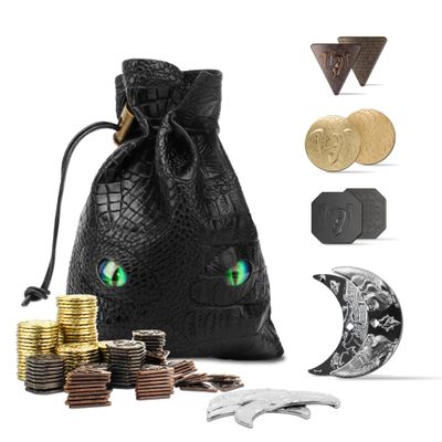 145PCS Metal DND Coins & Leather Bag, Contains 60 Gold Coins, 40 Sliver Coins, 40 Copper Coins and 5 Platinum Coins, Tokens with Glow in The Night Eyes Bag for RPG Tablelap Games
