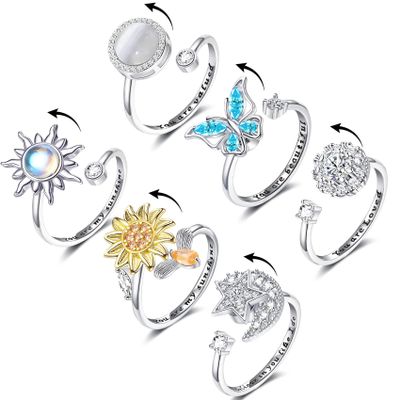 Honsny Fidget Rings for Women, Spinner Fidget Ring Set, Sunflower Butterfly Bee Star Moon Relief Spinning Rings for Adults