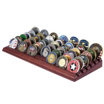 LIUYALO Challenge Coin Display Rack Holds 42 Coins, 6-Row Solid Wood Military Challenge Coin Holder with Deep Grooved Slots for Veterans & Challenge Coin Collectors (Brown)
