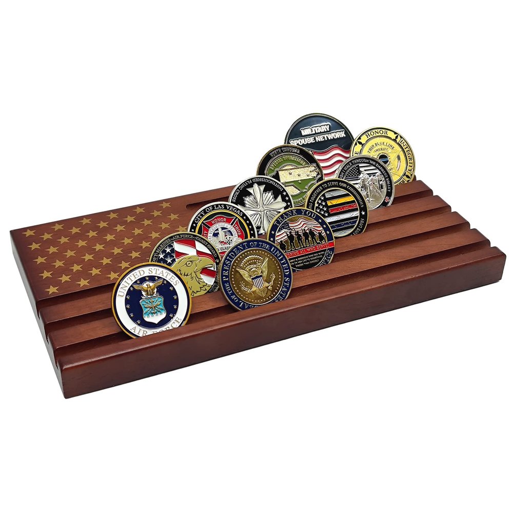 LIUYALO Challenge Coin Display Stand for Veterans, Solid Wood Military Coin Holder Rack with American Flag Design, 6 Row Desktop Display Shelf for Army Navy Air Force Coins & Veteran Gifts(Brown)