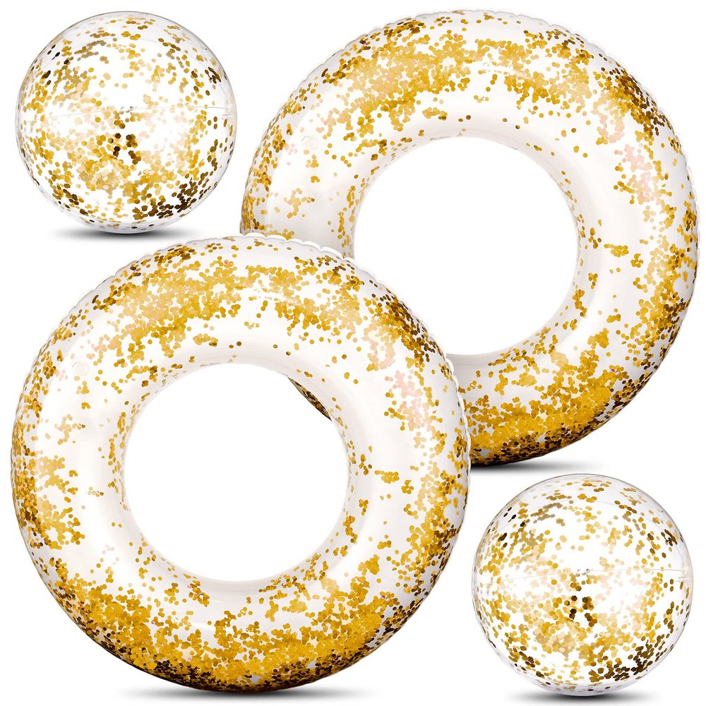 Hungdao 4 Pcs Glitter Inflatable Pool Float Tube Confetti Swim Ring and Glitter Beach Ball Confetti Inflatable Beach Ball for Adult Teens Summer Pool Favor(Gold)