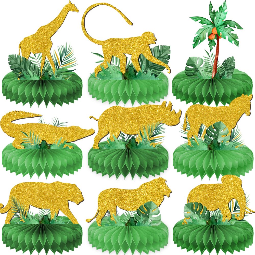 9 Pcs Gold Safari Party Supplies Glitter Jungle Safari Animals Honeycomb Centerpieces Table Decorations Shaped Cutouts Table Toppers for Jungle Safari Birthday Baby Shower Party Decorations Supplies