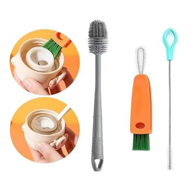3 pcs Bottle Cleaning Brush Set, Carrot Cup Lid Groove Cleaner + Long Handle Silicone Cleaner Brushes + Drinking Straw Brush for Cleaning Baby Bottles, Narrow Neck Bottle, Sport Water Bottle, Tumbler