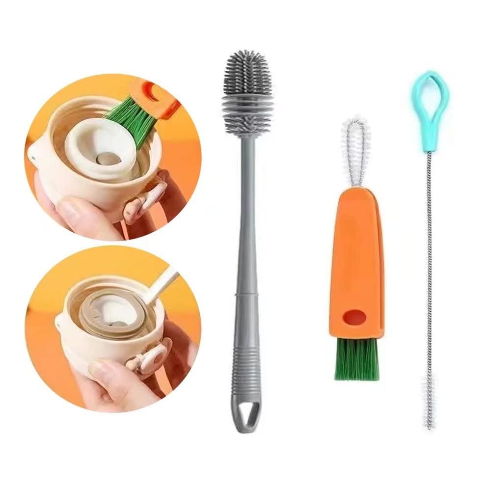 3 pcs Bottle Cleaning Brush Set, Carrot Cup Lid Groove Cleaner + Long Handle Silicone Cleaner Brushes + Drinking Straw Brush for Cleaning Baby Bottles, Narrow Neck Bottle, Sport Water Bottle, Tumbler
