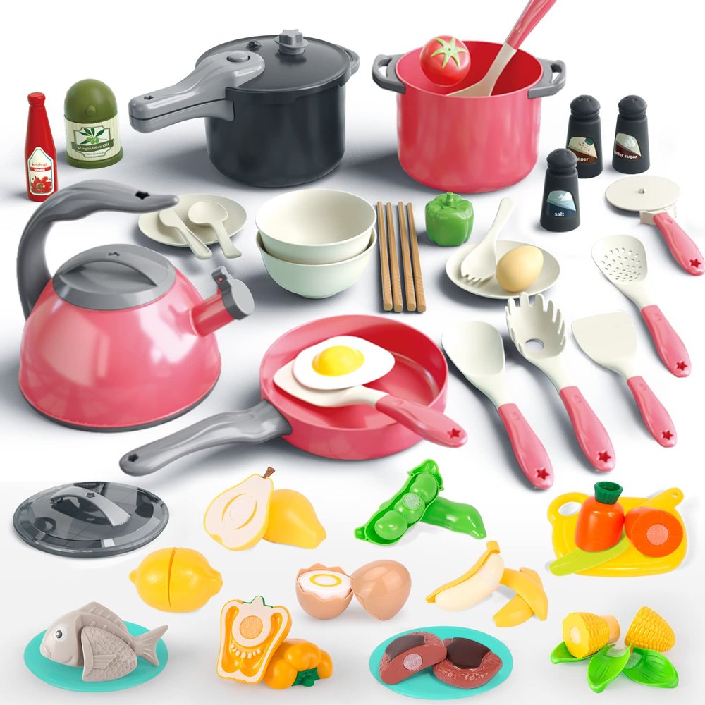 Bruvoalon 67Pcs Kids Play Kitchen Toys Set, Toddlers Pretend Cooking Playset Acccessories with Pots Pans, Utensils Cookware, Foods, Canned Veges, Learning Gift for Kids Girls Boys (Red)