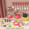 Bruvoalon 67Pcs Kids Play Kitchen Toys Set, Toddlers Pretend Cooking Playset Acccessories with Pots Pans, Utensils Cookware, Foods, Canned Veges, Learning Gift for Kids Girls Boys (Red) view 2
