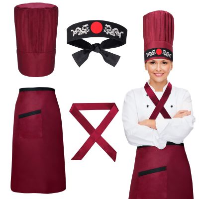 Keymall Hibachi Hat Teppanyaki Tall Cap with Hachimaki Headband Tie Apron for Hibachi Party Chef Costume