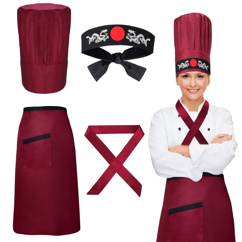 Keymall Hibachi Hat Teppanyaki Tall Cap with Hachimaki Headband Tie Apron for Hibachi Party Chef Costume