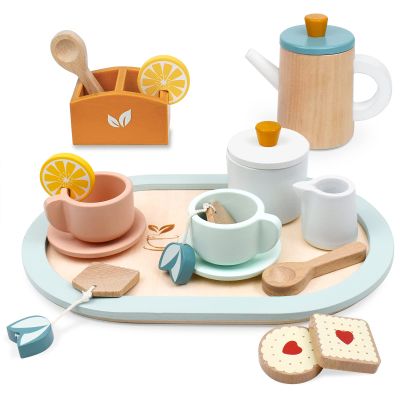 PairPear Wooden Tea Set for Little Girls, Wooden Toys Toddler Tea Set Play Kitchen Accessories for Kids Tea Party with Play Food