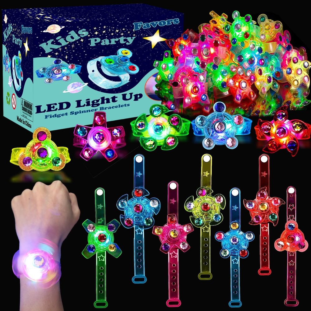 Huastyle Birthday Party Favors for Kids 4-8 Goodie Bag Stuffers,24 Pack Light Up Spinner Bracelets for Pinata Fillers Prize Treasure Box Classroom Glow in The Dark Party Supplies Return Gifts