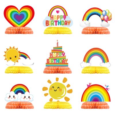 9 Pieces Rainbow Birthday Decorations Honeycomb Party Table Decorations Colorful Cloud, Sun, Heart Balloon, Happy Birthday Centerpieces for Tables, Rainbow Party Decor for Baby Showers