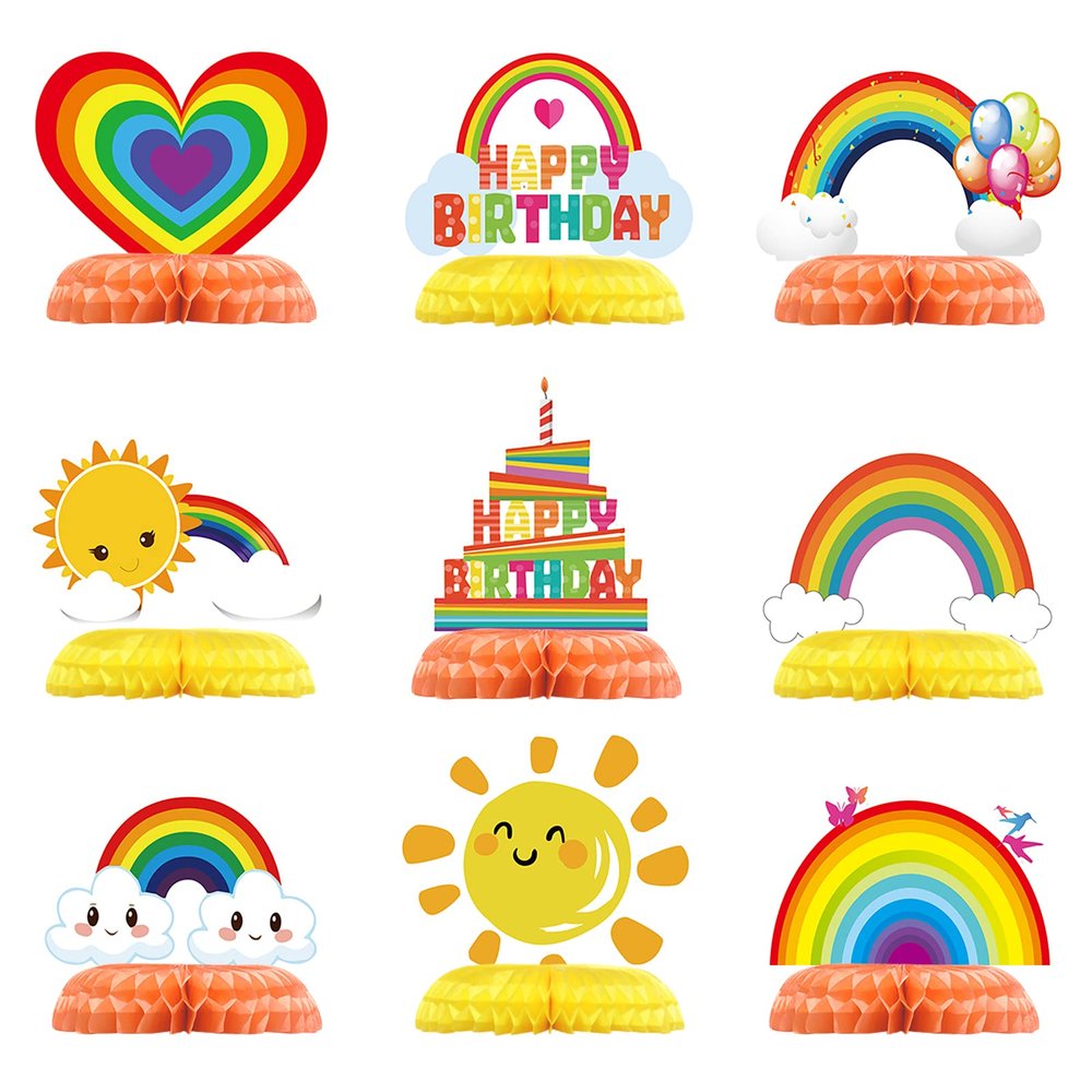 9 Pieces Rainbow Birthday Decorations Honeycomb Party Table Decorations Colorful Cloud, Sun, Heart Balloon, Happy Birthday Centerpieces for Tables, Rainbow Party Decor for Baby Showers