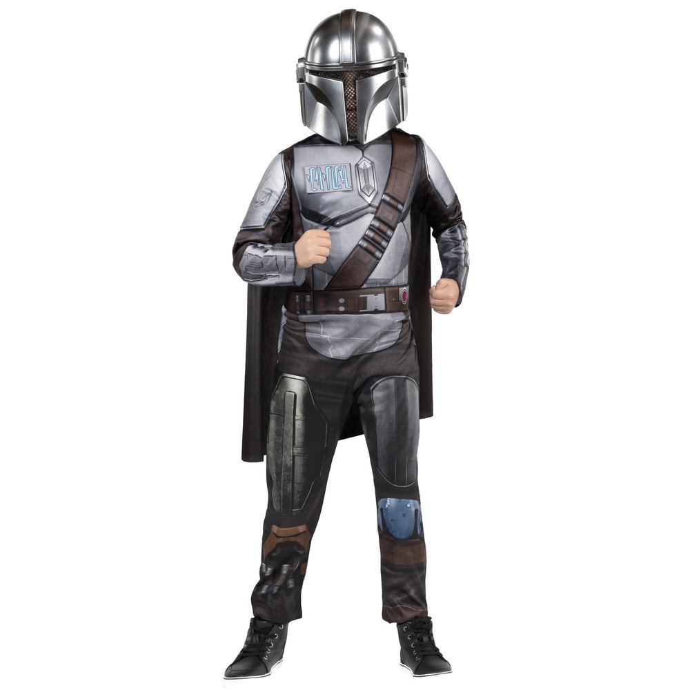STAR WARS The Mandalorian Official Youth Costume - Premium Light Up Padded Jumpsuit with Plastic Mask and Detachable Cape (M)