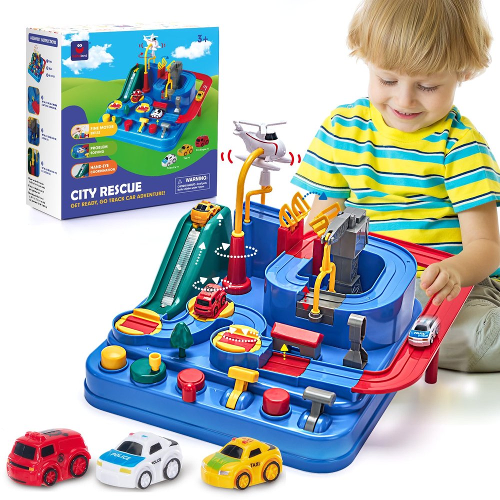 Hahaland 3 Year Old Boy Toys - Race Track Toys, Car Toy for Boys 3-4, Puzzle Track Rescue Racer Game with Magnetic Helicopter, STEM Learning, Montessori, Toddler