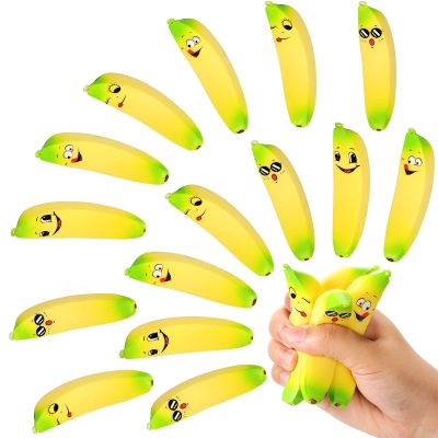 16 Pcs 3.7 Inch Banana Stress Toys Banana Stretchy Balls with Emotions PU Stress Relief Toy Soft Adult Sensory Toys for Relief Party Favors Bag Fillers
