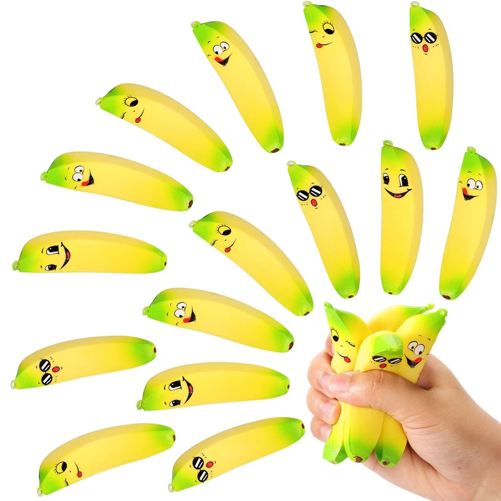 16 Pcs 3.7 Inch Banana Stress Toys Banana Stretchy Balls with Emotions PU Stress Relief Toy Soft Adult Sensory Toys for Relief Party Favors Bag Fillers