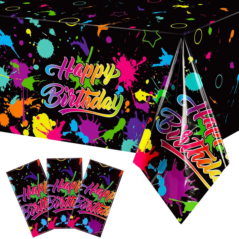 3 Pcs Glow in the Dark Tablecloth Disposable Plastic Neon Table Cloths Happy Birthday Glow Party Table Covers for Neon Black Light Birthday Party Paint Splatter Decorations Supplies, 54 x 108 Inch