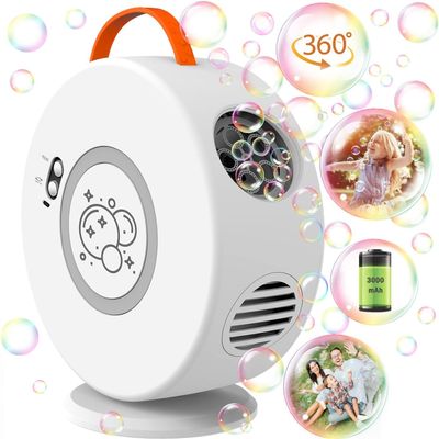 Bubble Machine Automatic Bubble Blower for Kids Toddlers Rechargeable Battery Portable Bubble Maker Electric Bubble Machine Auto Rotating 90/360 Outdoor Toy (White)